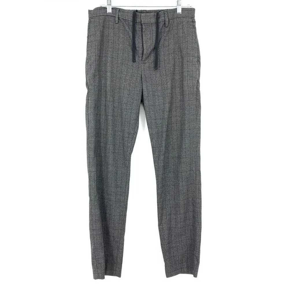 Banana Republic Slim Fit Trouser Pants Mens Size 33R Gray Black Plaid Drawstring